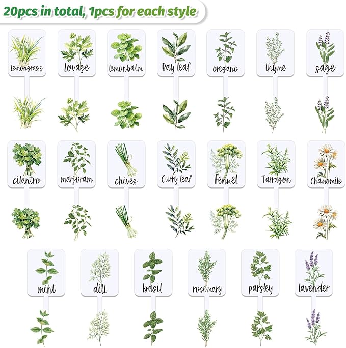20Pcs Acrylic Plant Label Signs 20 Styles Garden Herb Markers Plant Stake Tags White Waterproof Tags with Herb Names for Nursery Indoor Outdoor Garden Decor