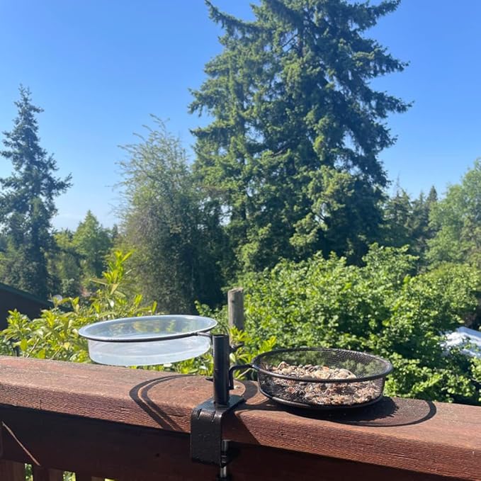 Deck Bird Feeder and Bath Platform Birdseed Tray Railing Handrail Mount Metal Feeder and Water Bowl for Wildbird Feeding