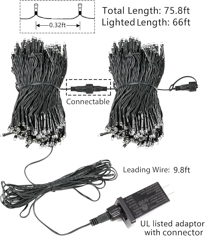 YIQU White 82FT 200 LED Christmas String Lights Outdoor/Indoor (Extendable Green Wire, Ultra-Bright with 8 Modes, UL Certified), Fairy String Lights for Xmas Tree Holiday Party Decoration, Cool White