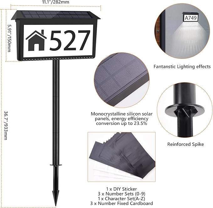 Solar Address Sign, House Numbers for Outside Light Up, 3 Colors Waterproof LED Illuminated House Numbers With Stake, Wall Mounted/In Ground Solar Powered Address Plaque for Yard Garden Home