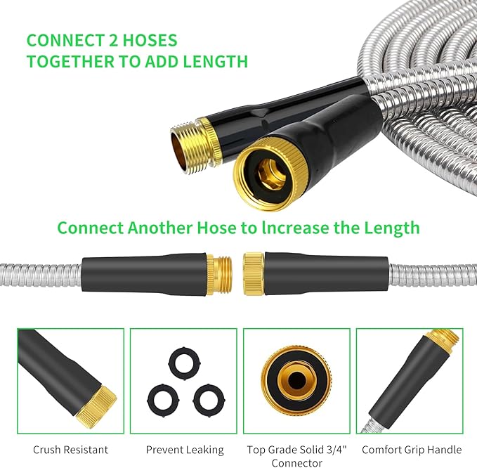 Stainless Steel Metal 75FT Garden Hose Lightweight, Puncture & Rust Proof Heavy Duty Water Hose for Yard, RV, Garden, Outdoor