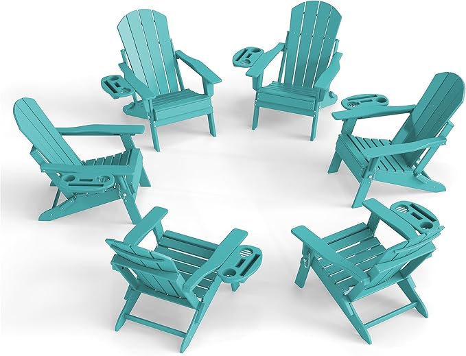 Adjustable Adirondack Chair Set of 6 with Cup Holder, All Weather HDPE Fire Pit Chairs for Deck, Backyard, Patio, Lake Blue
