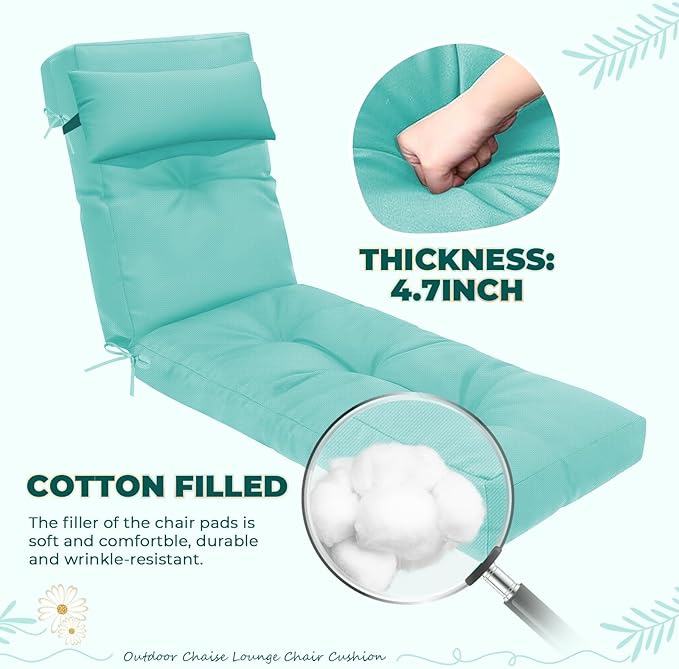 Waterproof Lounge Chair Cushion Outdoor for Chairs, Fade Resistant Chaise Lounger Cushions Replacement with 6 Ties, Thickened Memory Foam Pool Lounge Chair Cushions, 76 x 22 x 4.7 Inches, Teal
