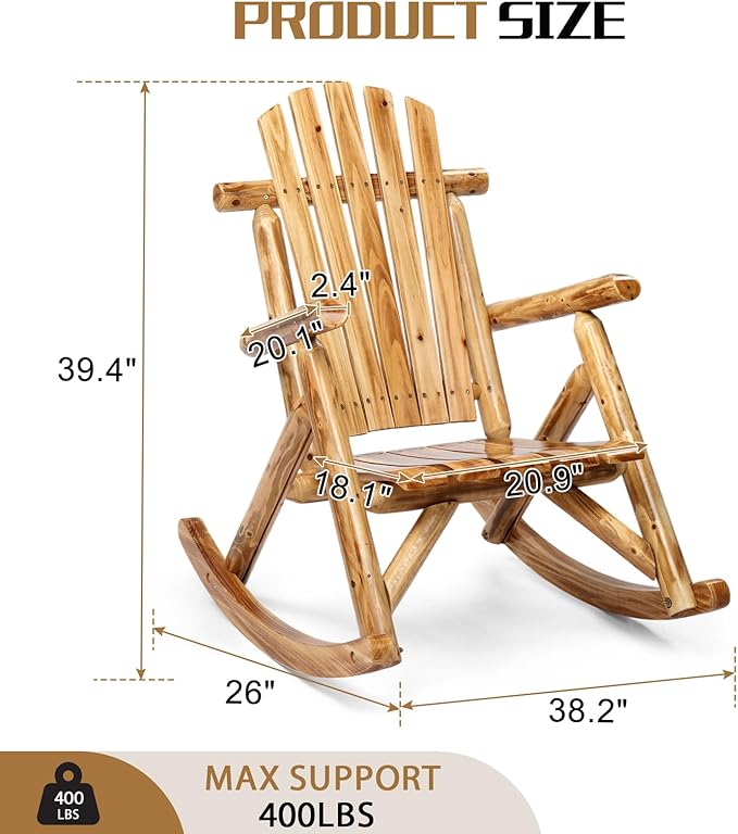 Outvita Wooden Rocking Chair Set of 2, Fir Log Adirondack Rocker, Outdoor Wood Accent Furniture Lounge Chairs for Garden Patio Backyard Porch (Light carbonized)
