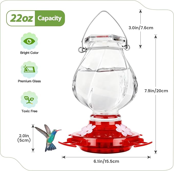 Hummingbird Feeder, BOLITE Glass Hummingbird Feeders for Outdoors Hanging, with Ant Moat and 4 Bee Guard Feeding Ports, 22oz, Leak Proof, Clear & Red, Birthday Gifts for Women Men, Gifts for Mom Dad