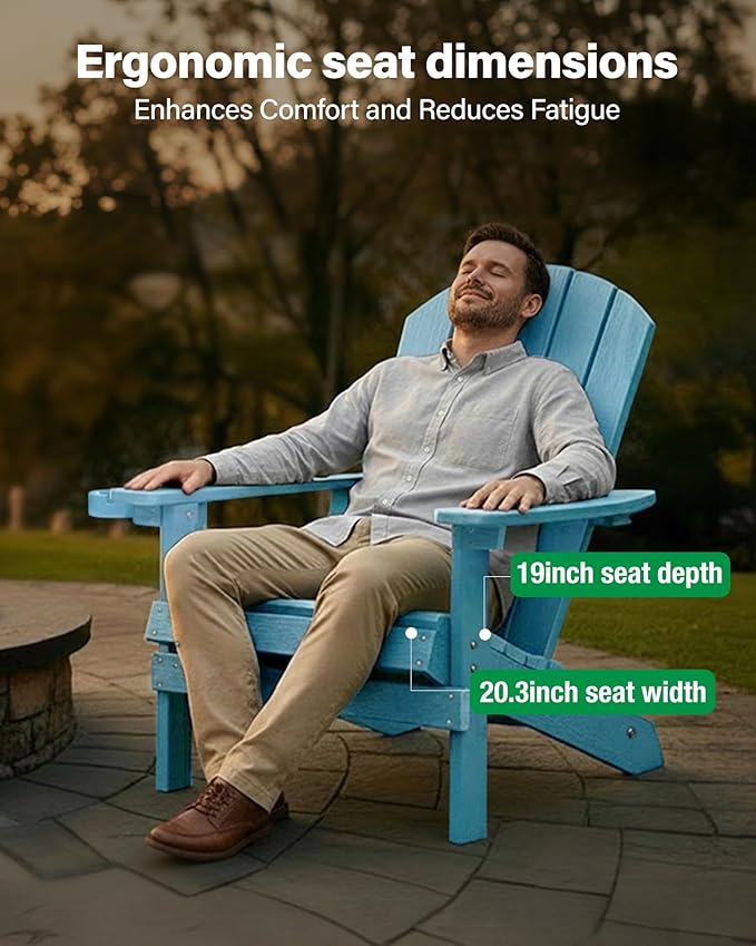 YEFU Adirondack Chairs Set of 4: Outdoor Chair HIPS Plastic Adirondack Chairs - Patio Chairs with Cup Holder & Wood Texture - Lawn Fire Pit Deck Porch Garden Chairs for Adults (Blue)
