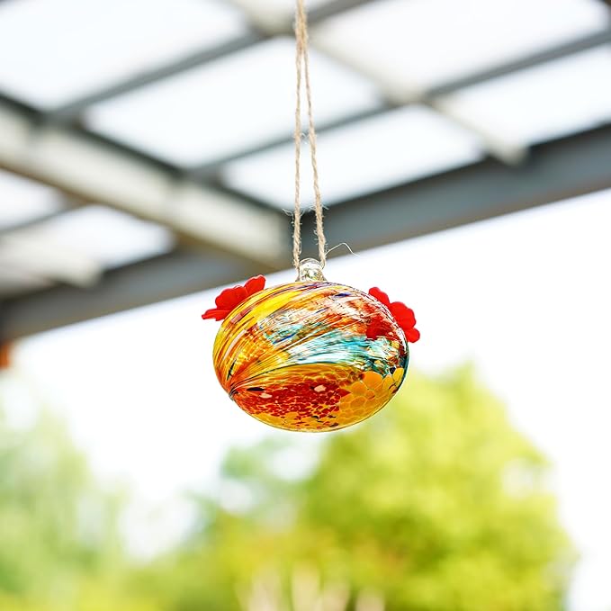 Set 2 Hummingbird Feeders for Outdoors Hanging 3.2in Small Blown Glass Humming Bird Feeder for Window Humming Bird Feeders with 2 Flower Feeding Ports