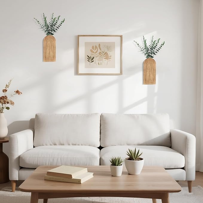 Dahey Wood Wall Planter Vase with Artificial Eucalyptus, 2 Pack Hanging Planter for Indoor Fake Plants Modern Boho Farmhouse Wall Art Decor for Bathroom Bedroom Kitchen Office Home Decoration, Natural