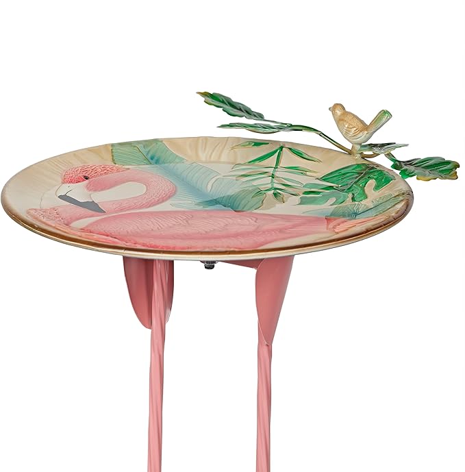 Alpine Corporation ORS876 Outdoor Metal Birdbath w/ Stylish Stand, Flamingo Pattern Birdbath Bowl and Stand, 23"H, Pink/Blue