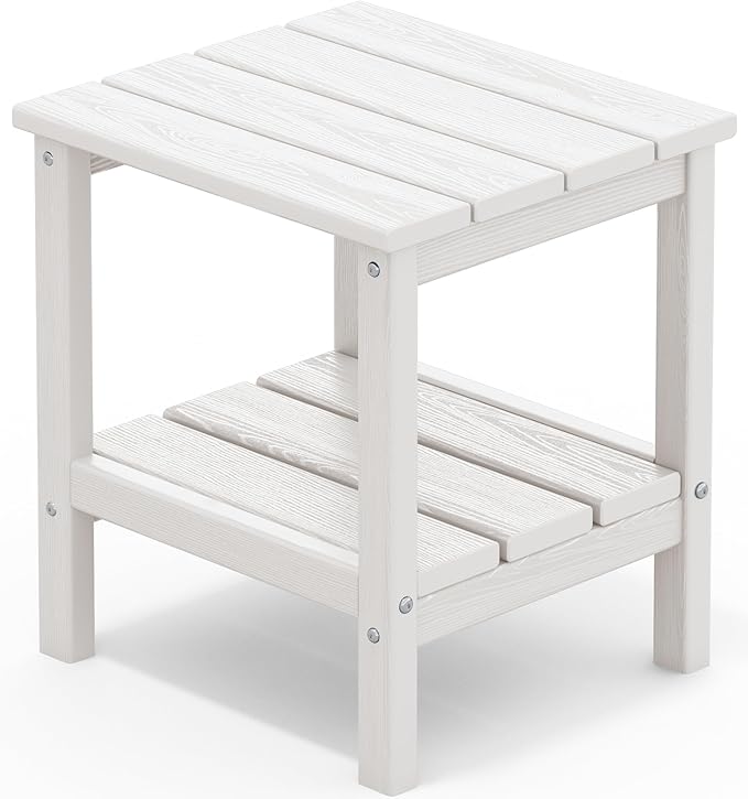 SERWALL 2-Tier HDPE Outdoor Side Table, Weatherproof Rectangular Adirondack Side Table, White