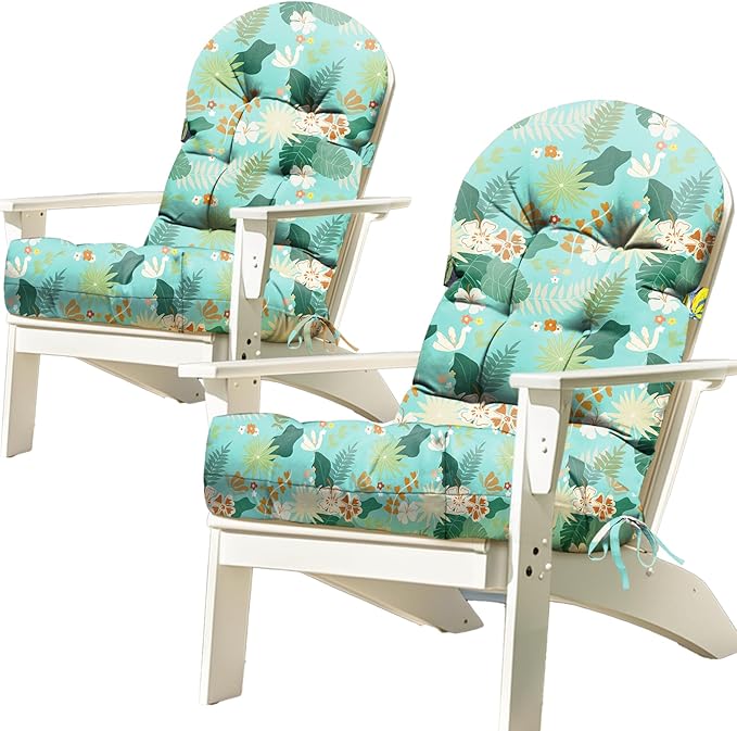 2 Pack Adirondack Chair Cushion Waterproof Indoor Outdoor Rocking Chair Cushion 44 Inches Patio High Back Chair Cushions Thickened Adirondack Rocking Chair Cushions with Ties, Cyan Flower Leaves
