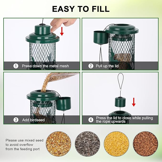 Squirrel Proof Bird Feeder for Outdoors Hanging, Metal Mesh Bird Feeder for Outsides with Gravity Protection for Small Birds, Weatherproof and Durable, Green