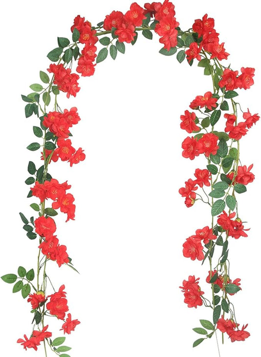 2 Pcs Artificial Flowers Garland for Outdoors Red Faux Gardenia Garland 15.5Ft Silk Rose Hanging Vines Floral for Wedding Arch Party Wall Garden Ceremony Backdrop Fence Spring Decor