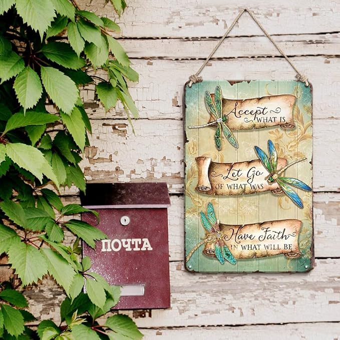 YOYI ART Metal Dragonfly Tin Sign - Accept What Is, Let Go Of What Was, Have Faith In What Will Be, Vintage Signs for Home, Bedroom, Garden, Patio and Yard Wall Decor Art, Gift for Women, 8 x 12 inch