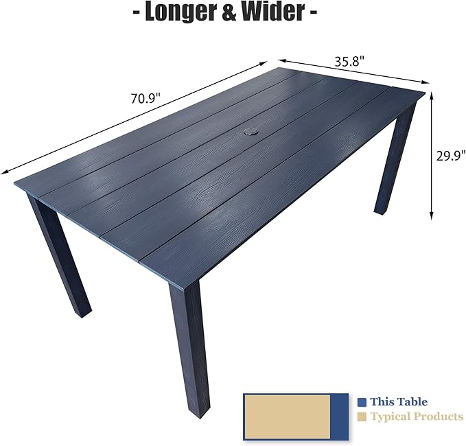 Poly Lumber Patio Dining Set, HIPS Outdoor 70.9-Inches Table and Slat Back Chairs, with Umbrella Hole, Weather Resistant (Navy Blue, 7 Piece)