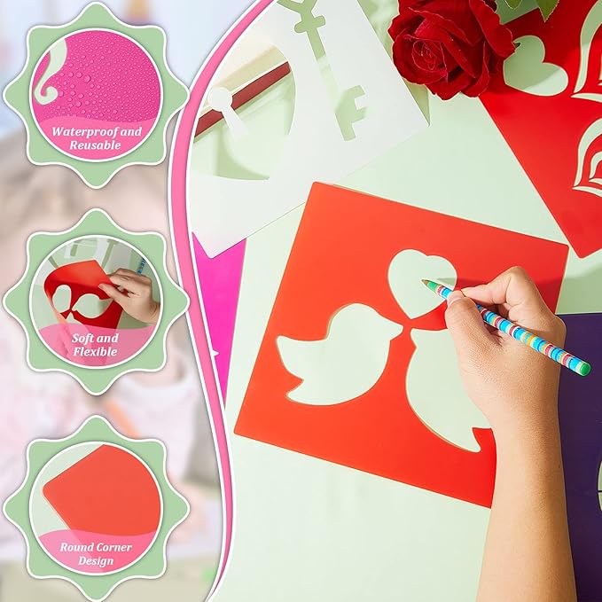 24 Pcs Valentine's Day Stencil Set 8 x 8 Inch Reusable Plastic Love Heart Drawing Painting Templates Valentine Stencils Painting on Wood Paper Cards Scrapbook DIY Rock Furniture Art Crafts