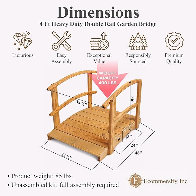 4 FT White Amish Made Garden Bridge with Double Rails for Walkway, Backyard Pond & Landscaping, Outdoor Wooden Footbridge for Koi Pond, Japanese Style Decorative Bridge, Made in USA