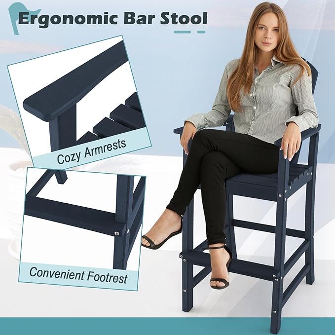 Giantex HDPE Outdoor Bar Stools - All Weather Tall Adirondack Chair with Armrest, Footrest, Load 360Lbs, 30-Inch Counter Height Bar Stool for Patio, Garden, Yard, Indoor Or Outdoor Use (1, Navy)
