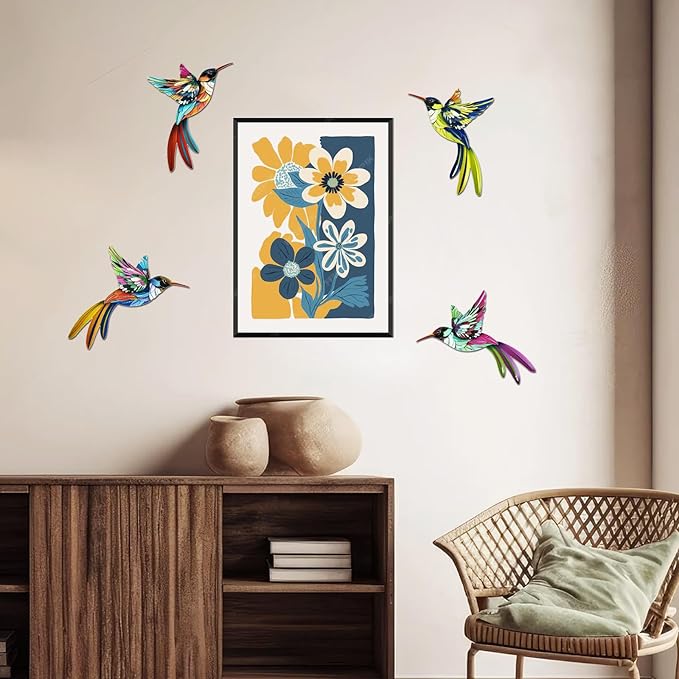 WHBIMGOOO 4 Pack Metal Hummingbird Wall Art Decor, 3D Colorful Birds Outdoor Sculpture for Garden Fence, Backyard, Outdoor Wall, Patio and Balcony, Great Gifts for Family Friends