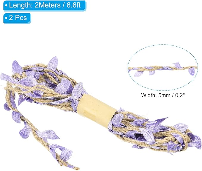 PATIKIL 6.6ft 5mm Burlap Leaf Ribbon, 2 Pack Braided Decoration Vine Natural Jute Rope Twine with Artificial Leaves for Jungle Wedding Party Home Garden Decor, Light Purple