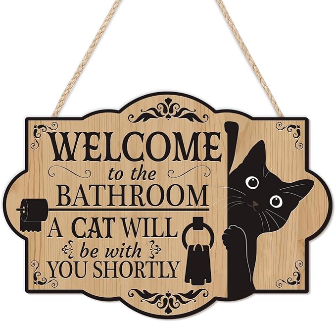 HLNIUC Funny Black Cat Door Sign(11”x8”) Welcome to the Bathroom A Cat Will Be With You Shortly Wall Decor,Bathroom Cats Hanging Plaque,Cats Welcome People Tolerated Sign for Pet Lover Front Door