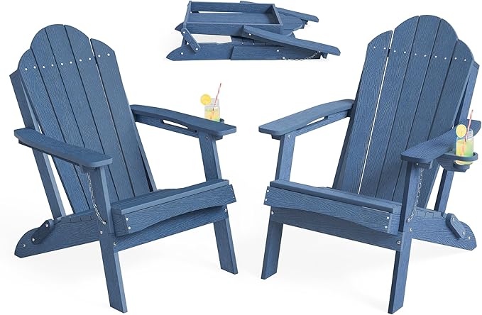 LUE BONA Folding Adirondack Chair, Chairs Set of 6, Cup Holder, Woodgrain, Fire Pit, Patio, Pool, Blue