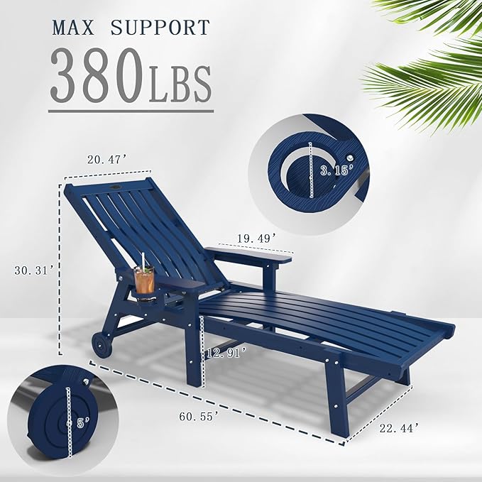 Patio Chaise Lounge Chair Set of 4, Oversized Lounge Chair Outdoor with 5 Positions, HDPE, Patio Lounge Chair with Wheels & Cup Holder for Pool, Deck, Poolside,Navy Blue