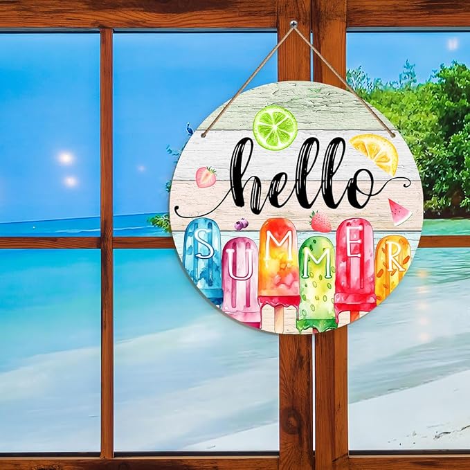 TAGDANK Rustic Wood Hanging Plaque Summer Decor 'Hello Summer' 11.8*11.8*0.2inches