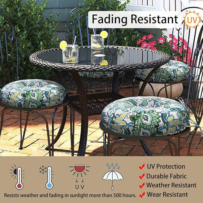 Magpie Fabrics Outdoor Round Bistro Seat Cushions with Ties, 15"x15"x4" Set of 2, Tufted Waterproof Barstool Chair Pads for Patio Home Garden Office, Floral Blue Green