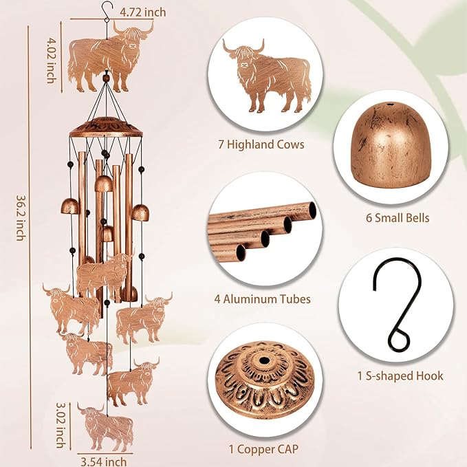 Highland Cow Wind Chimes for Outside, Metal Windchimes Outdoors, Highland Cow Gifts for Women/Men, Memorial/Birthday Gifts, Garden Decor for Outside, Patio or Yard, Durable Chimes for Outdoors