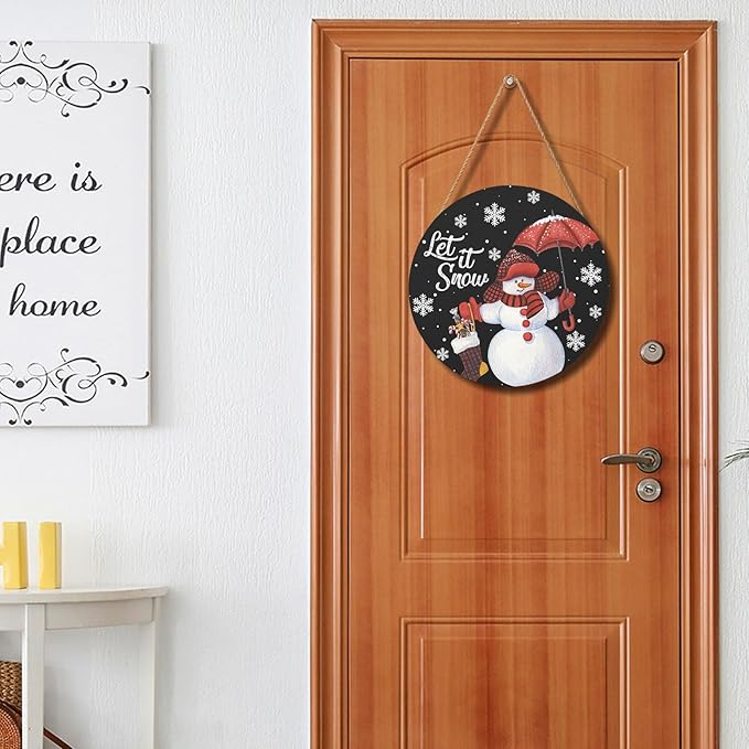 Snowman with Red Umbrella Door Sign For Front Door Decor,Winter Welcome Snowflakes Black Wooden Sign 12"x 12" Round Wood Hanging Door Sign Decoration for Winter Day Wall Porch Decor