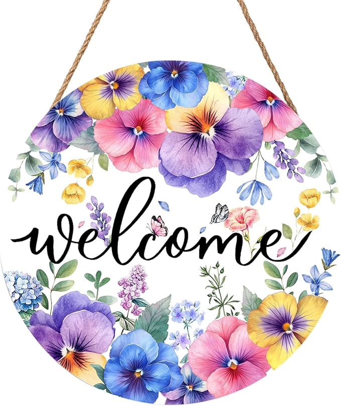 Welcome Spring Summer Red Blue Purple Floral Door Sign For Front Door Decor,Pansy Flowers Butterfly Wooden Sign 12"x 12" Round Spring Hanging Door Sign Decoration for Wall Rustic Decor