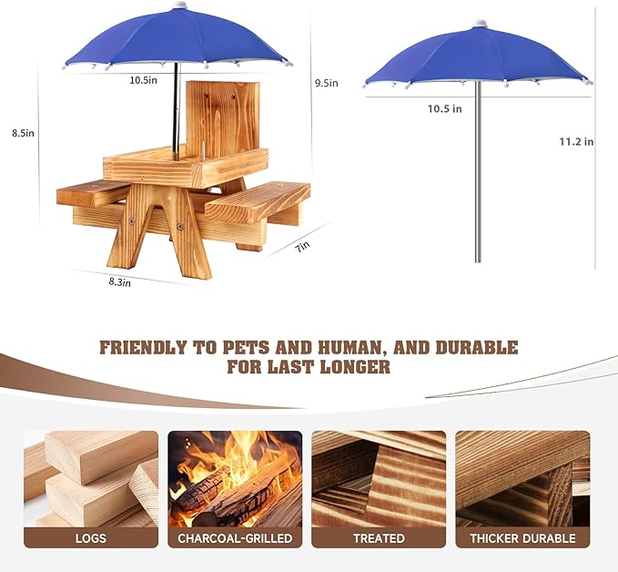 Gnodary Squirrel Feeder with Umbrella, Squirrel Feeders for Outside, Squirrel Picnic Table Feeder - Chipmunk Feeder Hold Corn, Corn Cob, Peanuts (Blue)