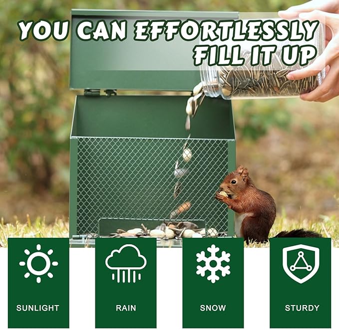 Metal Squirrel Feeder, Squirrel Feeders for Outside Hanging Nesting Box Chipmunk Picnic Table House Outdoors for Corn, Nut, Peanuts Green 1 Pack
