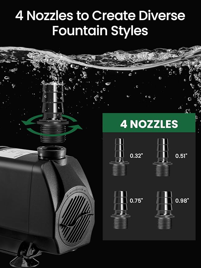 GROWNEER 1250GPH Submersible Pump 110W Fountain Water Pump 4700L/H, with 14.7ft High Lift, 4 Nozzles for Aquarium, Fish Tank, Pond, Hydroponics, Statuary, Garden, Black (1250GPH)