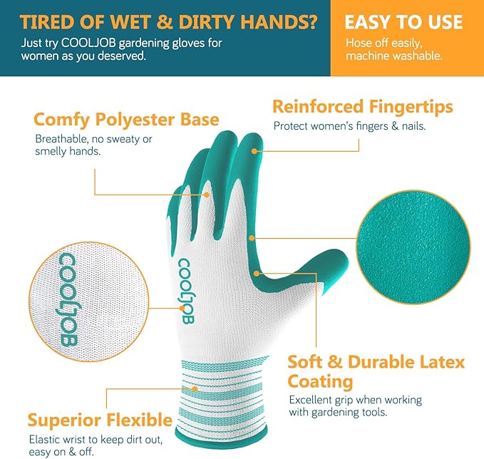 COOLJOB 10 Pairs Gardening Gloves for Women Ladies, Breathable Rubber Coated for Yard Garden, Outdoor Indoor Protective Work with Grip, Medium Size, Red & Green