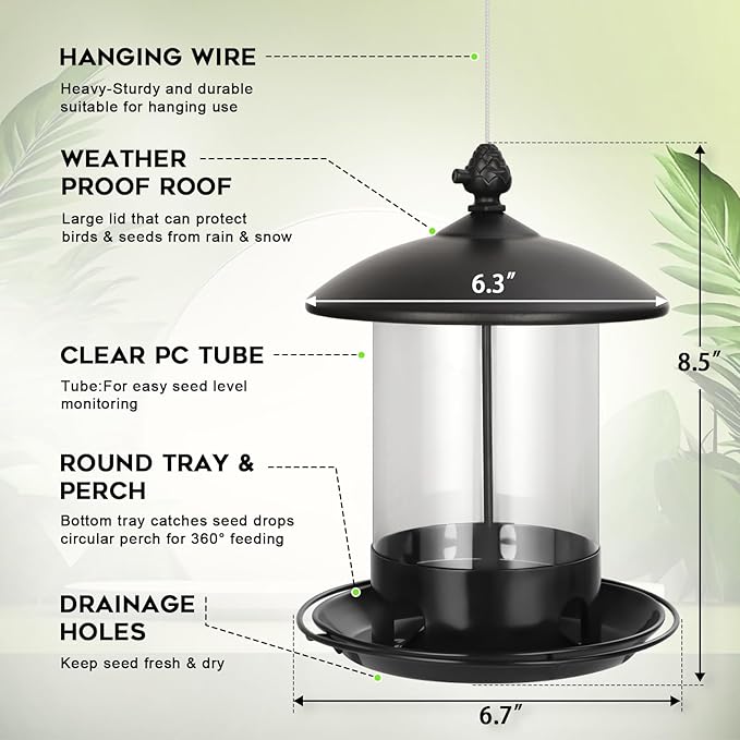 Metal Bird Feeders for Outdoors Hanging, Weather Resistant Wild Bird Feeder with 360 Degree Feeding Tray, Black
