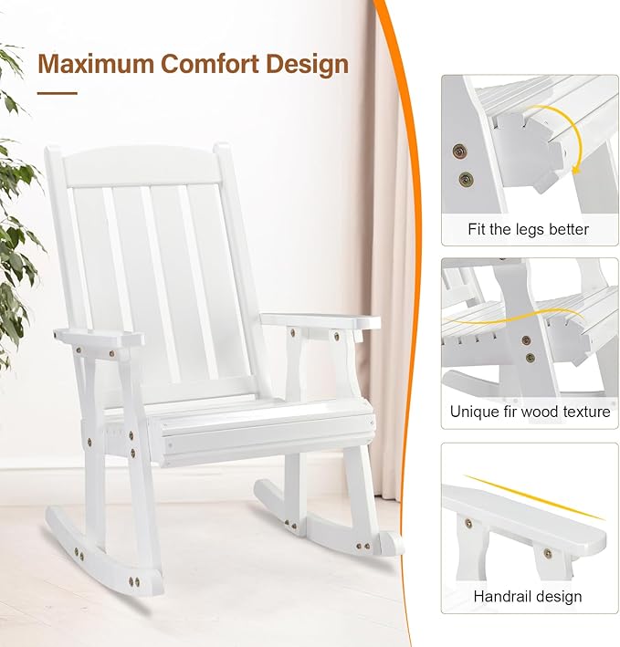 VINGLI Outdoor Rocking Chair, Heavy Duty 600 LBS Wooden Rocking Bench with Comfortable Backrest, Weatherproof Patio Rocker with Ergonomic Design, Wood Rocking Chair for Patio, Garden (White, 2 PCS)