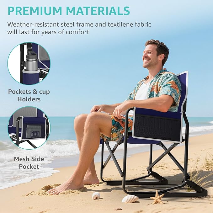 Rocking Camping Chair Rocker, Folding Chair Lawn Chairs with Cup Holders Foldable Outdoor Freestyle Navy Blue