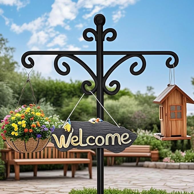 92Inch Shepherds Hooks for Outdoor with Squirrel Baffles – 6 Adjustable Hooks, 5 Prongs Base – Tall Bird Feeder Pole & Garden Stand for Hanging Plants, Lanterns, Hummingbird Feeders