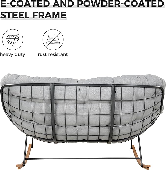 Grand patio Rocking Chair Outdoor, Oversized Papasan Rocking Chair for 2 with E-Coated Steel Frame and Thick Cushion, Comfy Loveseat Rocker for Patio Porch Deck, Grey