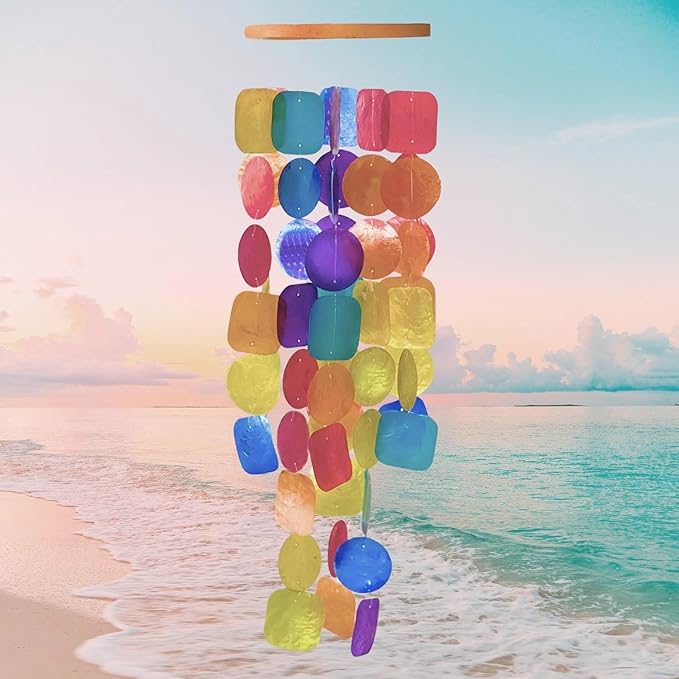 Bellaa Wind Chimes Outdoor, Garden Decorations, Musical, Indoor/Outside Windchimes, Beach, Ocean, Breeze, Gifts for Mom, Gift for All Occasions, Capiz Sea Glass Shells Wood Retro Rainbow