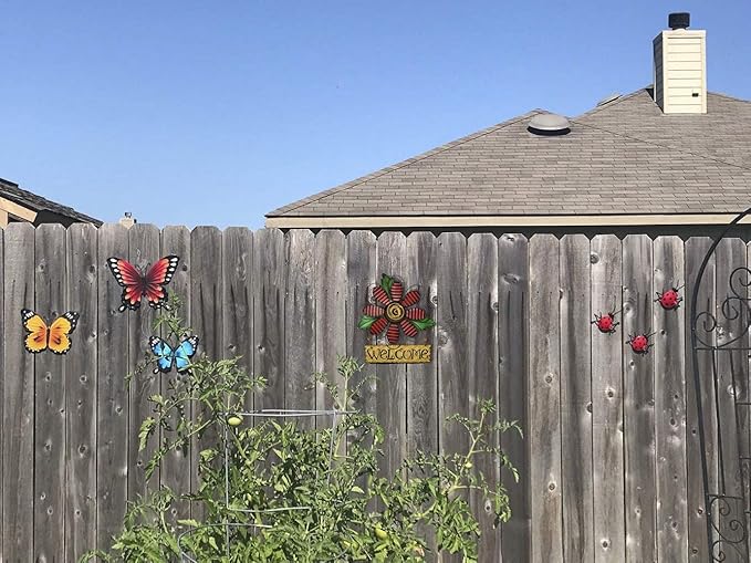 Large Rustic Metal Red Flower Welcome Wall Art Decor Hanging Metal Flower Welcome Door Wreath Kitchen Living Room Bathroom Patio Garden Yard Wall Decoration