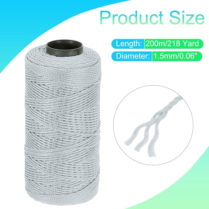 MECCANIXITY Nylon String 3 Strands Twisted Mason Line 1.5mm x 218 Yards Nylon Twine String for DIY Projects, Home Improvement, Gardening, Gift Wrapping, Christmas Party Supplies, Light Grey