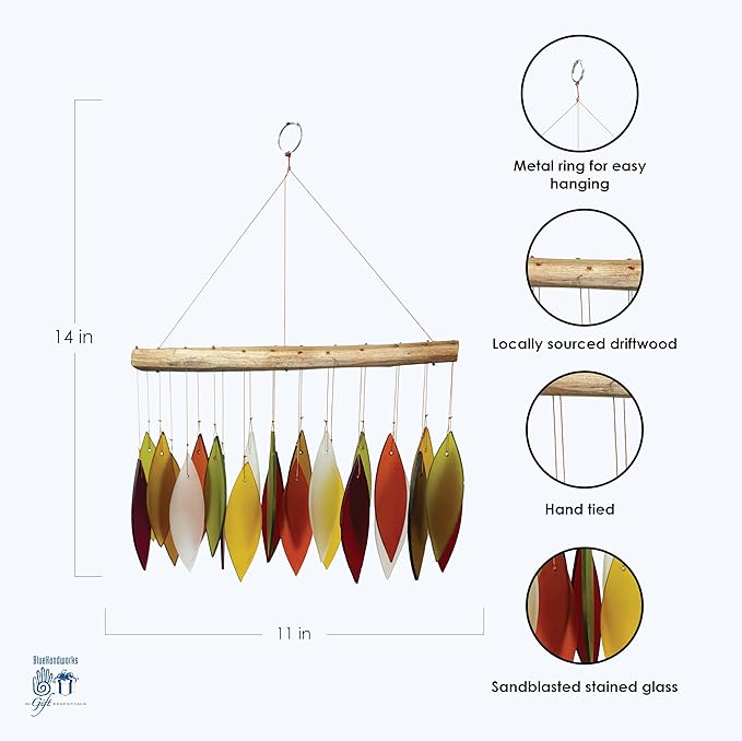 Blue Handworks Fall Leaves Glass & Driftwood Chime, Sandblasted Glass and Found Wood Handcrafted Wind Chime