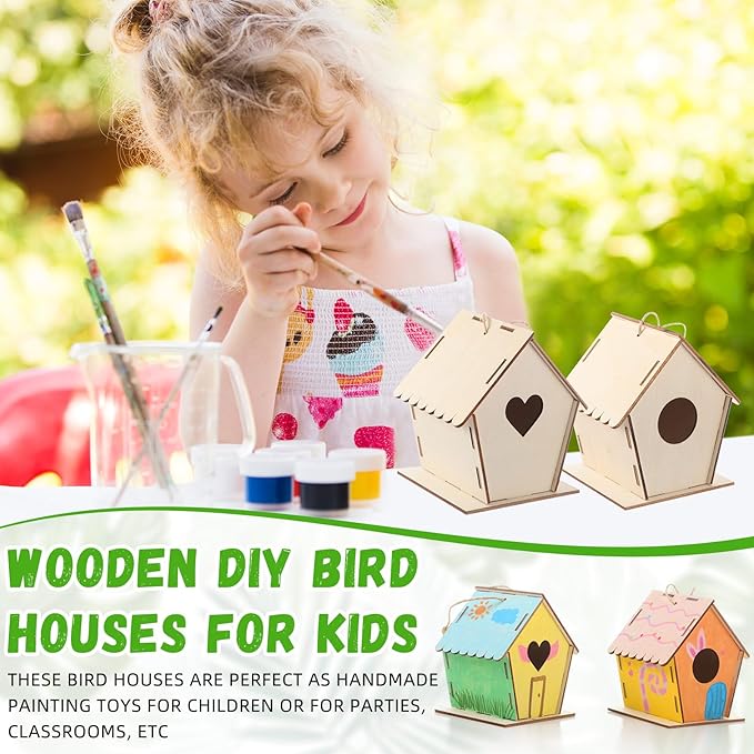 DoubleFill 12 Pack 4.33'' Wooden Bird House Craft Kit for Kids Spring DIY Birdhouse to Build and Paint Unfinished Hanging Birdhouse Bulk Spring Bird Feeder for Class Creative Valentines Crafts