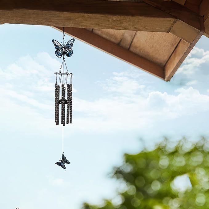 32'' Unique Butterfly Wind Chime for Outside Clearance, Garden Metal Windchimes for Outdoors Patio Decor(Black Blue)