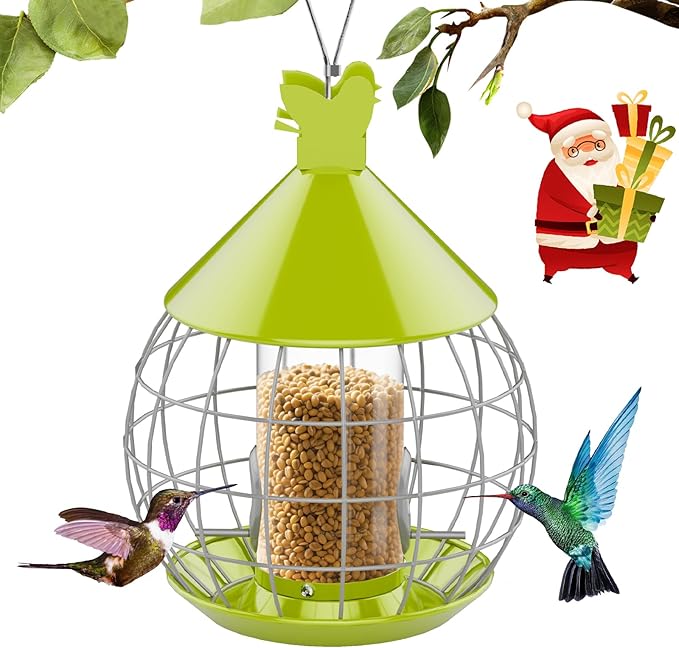 Bird Feeder for Outdoor, Squirrel Proof Bird Feeder for Outdoors Hanging, Weatherproof, Easy to Clean & Refill, Large Capacity Metal Seed Feeder for Finch, Blue Jay, Hummingbird, Green