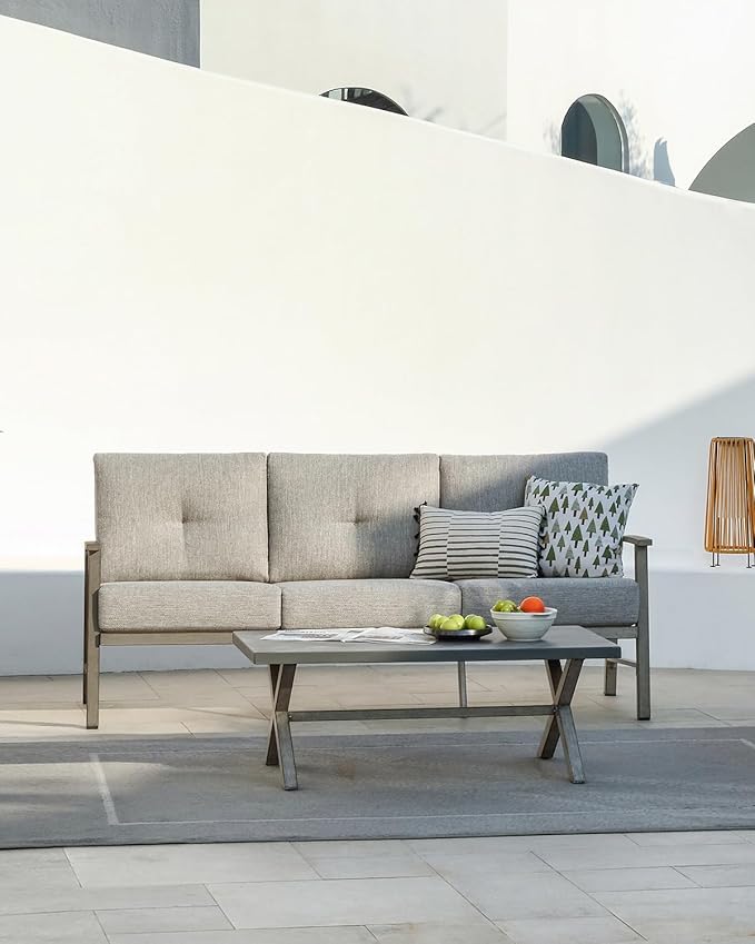 3 Seats Patio Furniture Sofa, Outdoor Aluminum Couch with 5.9'' Soft Cushion, 3-Seater All-Weather Outdoor Patio Furniture Sofa Couch for Balcony, Poolside, Lawn, Limed Oak