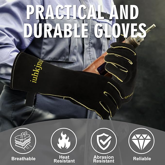 Fireplace Gloves Fire Heat Resistant: Fireproof Leather for Fireplace Fire Pit Wood Stove Campfire Furnace (M)
